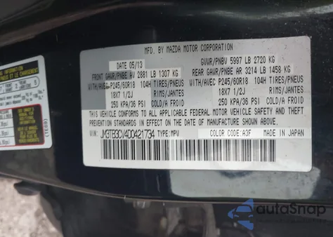 2013 Mazda Cx-9 Touring из США, поврежденный, VIN JM3TB3CV4D0421734